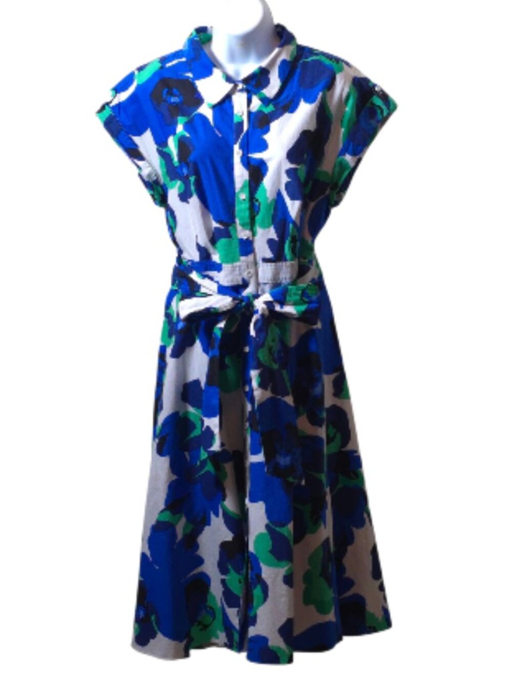 Eliza J Blue Floral Shirt Dress Size 12 Cotton Tie Waist Button Front Midi - Picture 2 of 13